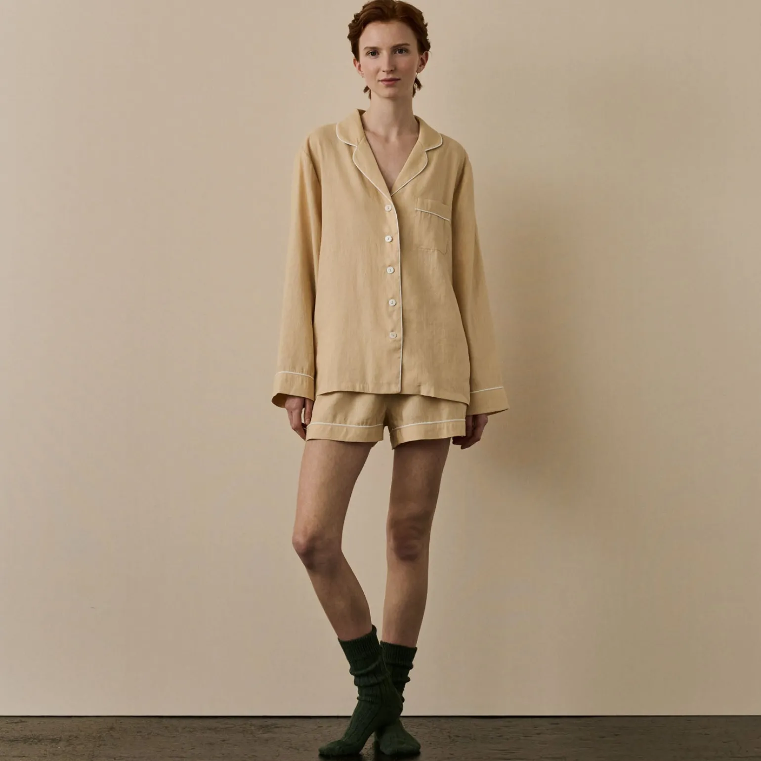 Almond Linen Pajama Shorts Set