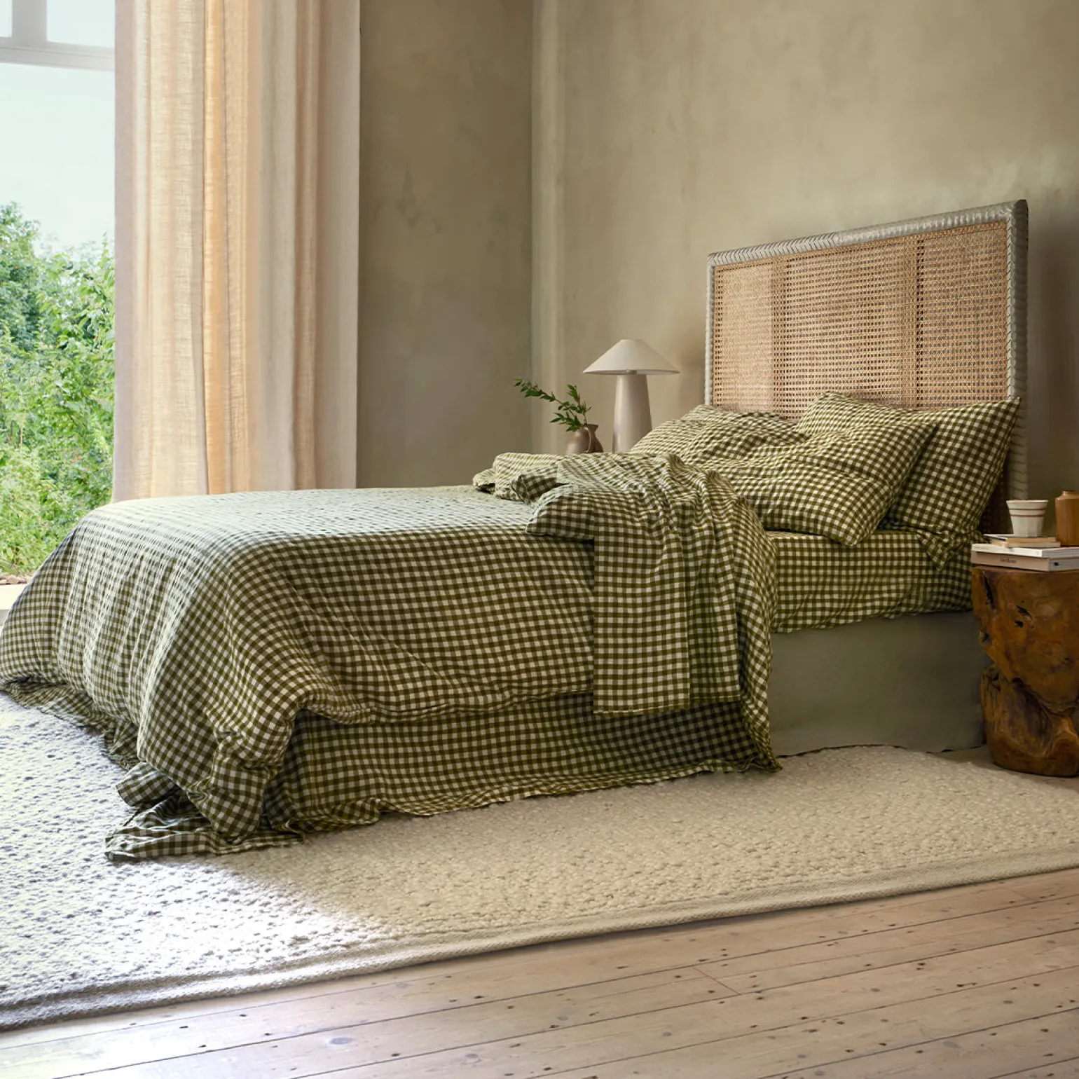 Botanical Green Gingham Linen Blend Flat Sheet