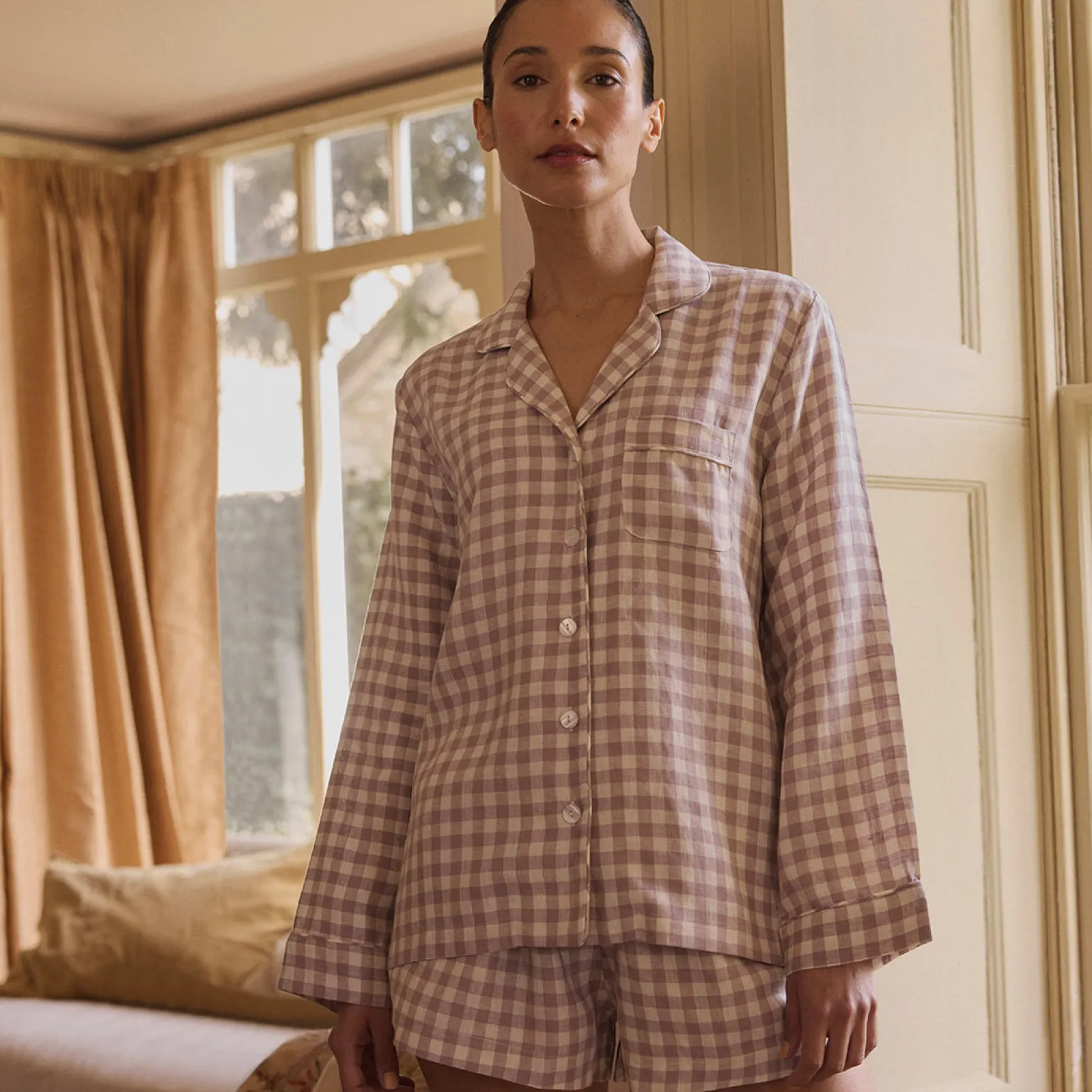 Elderberry Gingham Linen Women's Pajama Shorts