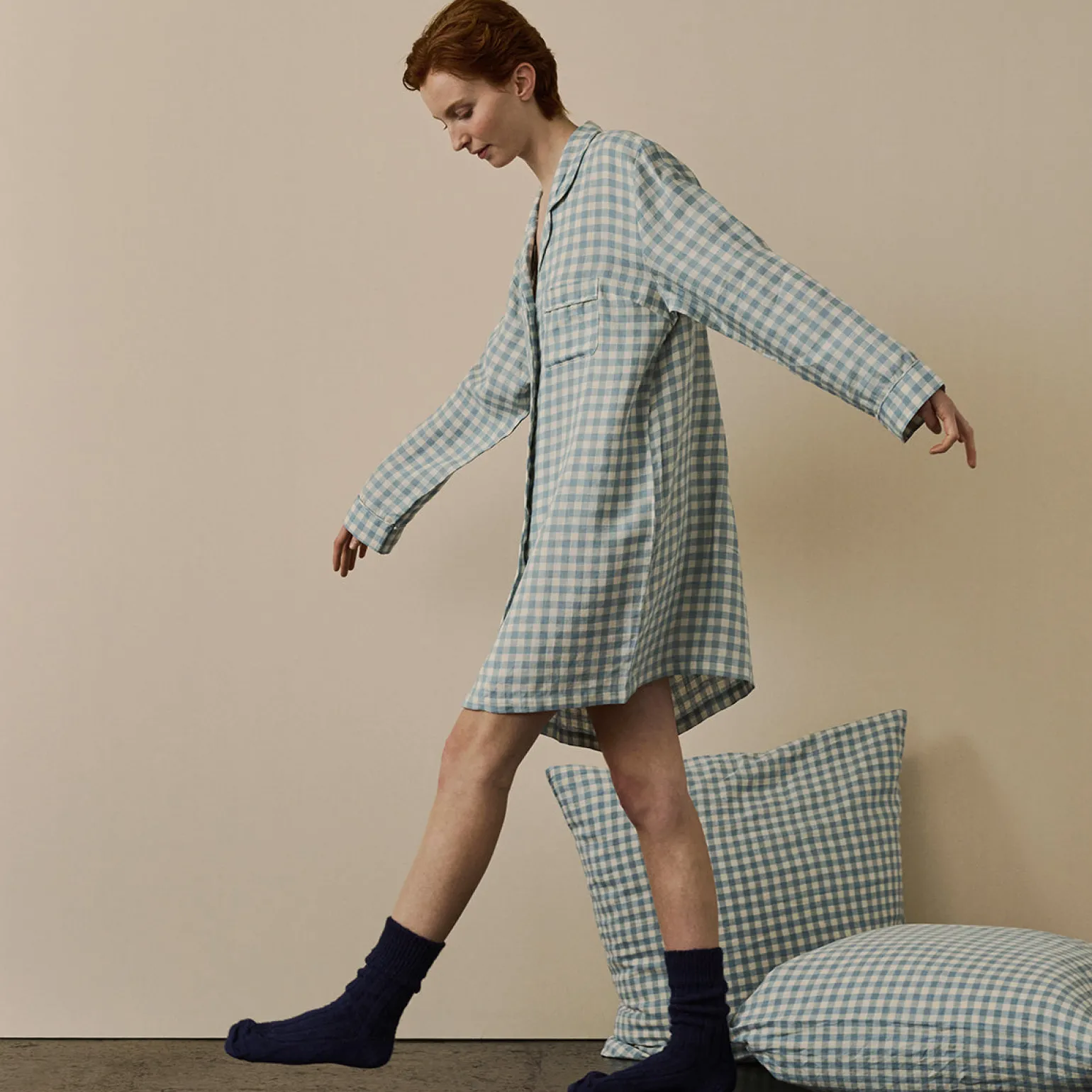 Warm Blue Gingham Linen Night Shirt